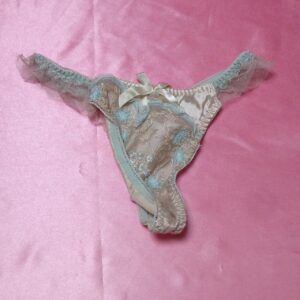 417 Mサイズ レースフリル Tバックショーツ 中古 大人用インナー 水色刺繍 シャンパンゴールド リボン付き 限定1点 販売